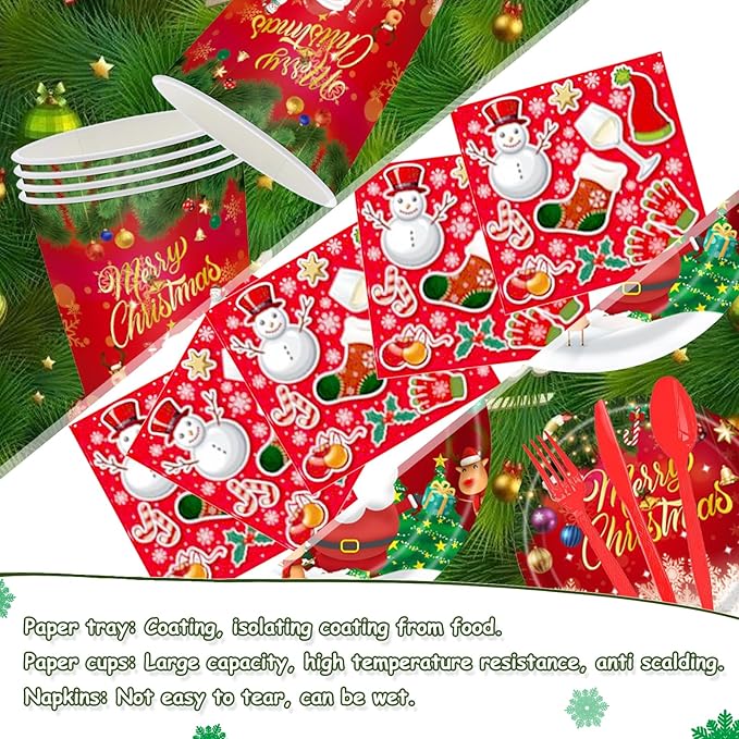 Christmas Dinnerware Set Santa Claus Party Supplies Includes Plates Napkins Cups Knives Spoons Forks Tablecloth Balloons Banner Cupcake Toppers for Merry Christmas Party 156 Pieces