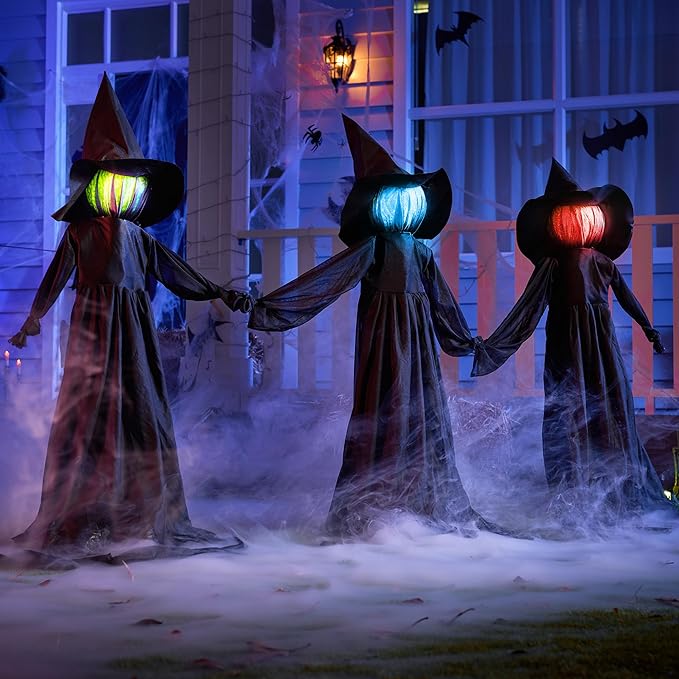 JOYIN Halloween Witch Decorations Outdoor Yard Stakes 3 Pack, 4.2 FT Multicolored Light Up Scary Flying Witch with Sound Activation, for Halloween Graveyard Lawn Yard Garden Decorations