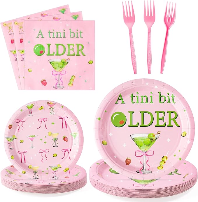 Pink Olive Martini Bow A Tini Bit Older Espresso Cocktail Party Plates Supplies - Serves 24-96Pcs Party Tableware Decoration Disposable Paper Plate Napkin Fork for Birthday Bar Bachelorette