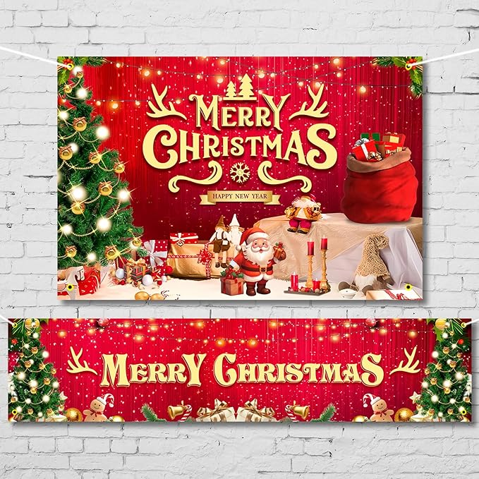 Large Christmas Party Banner and Backdrop for Indoor & Outdoor, Yard Garden Halloween Decorations & Party Supplies (Red)