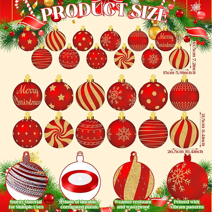 Huwena 24 Pcs Christmas Decorations Outdoor Christmas Hanging Ornaments Peppermint Candy Yard Signs Double Sided Lawn Decorations Peppermint Ornaments for Xmas(Red, Gold)