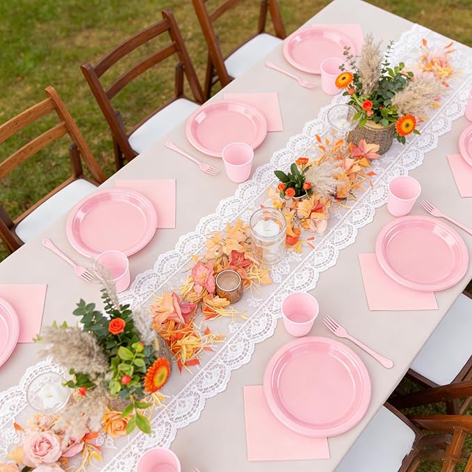 Pink Plastic Party Plates Set, Disposable Light Pink Plates and Napkins for Party, 50 of Each 9" Dinner Plate, Napkins, Cups & Cutlery Plastic Party Supplies for Birthday, Baby Shower, Wedding