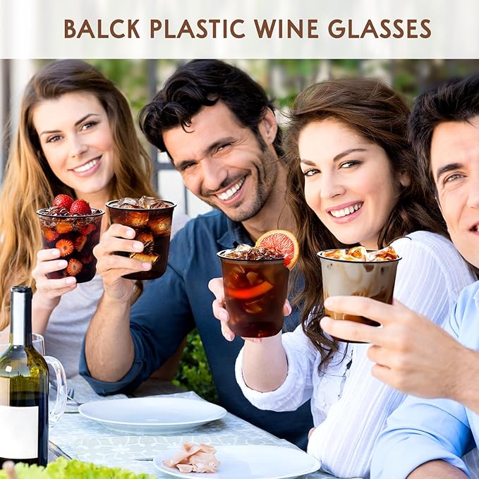 KesaPlan 50 Pcs Black Plastic Cups, 12oz Disposable Stemless Wine Glasses for Cocktail Cute Clear Cocktail Wine Glasses Black Party Cups for Meeting Wedding Halloween Holiday Party