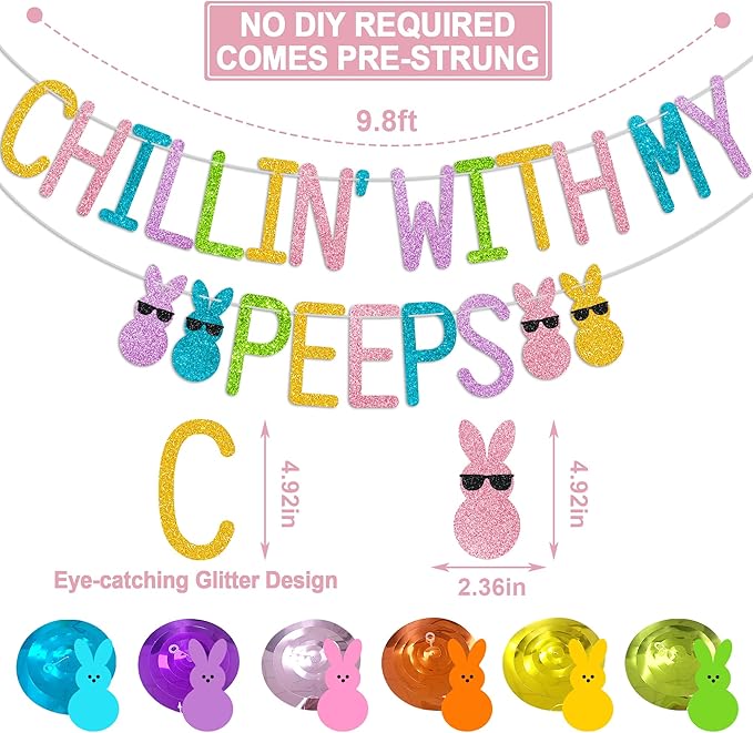 Glitter Chillin with My Peeps Banner with Bunny Hanging Swirls - NO DIY - Easter Party Decorations, Happy Easter Banner for Spring Easter Bunny Party Supplies Easter Peeps Decorations