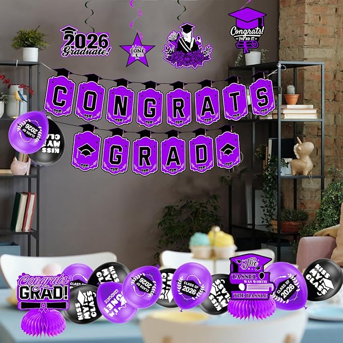 Graduation Decorations 2026 Purple Themed Set - Congrats Grad Banner, Class of 2026 Backdrop, Balloons & Streamers Kit - Complete Party Supplies for High School & College Celebrations