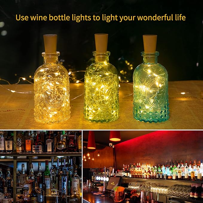 Brightown Wine Bottle Lights with Cork, 10 Pack 20 LED Waterproof Battery Operated Cork Lights, Silver Wire Mini Fairy Lights for Liquor Bottles DIY Party Bar Christmas Wedding Décor