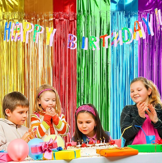 Colorful Birthday Party Decorations, Curtain Tinsel Streamers, Metallic Photo Booth Props for Wedding, Bridal Shower, Candy Party, 2Pack 3.28X6.56Ft