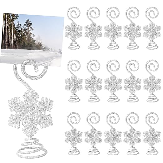 Rtteri 16 Pcs Christmas Picture Display 2 Inch Snowflake Christmas Place Card Holder Silver Photo Holders for Centerpieces Xmas Table Number Holders Card Stands for Xmas Winter Holiday Party Supplies