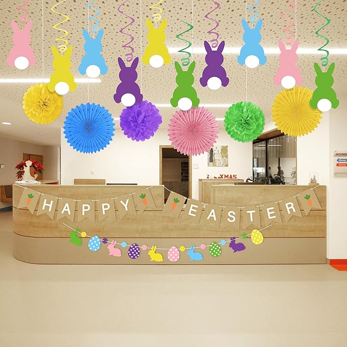 Easter Party Decorations Set for Home: Happy Easter Banner Bunny Hanging Swirls Yellow Purple Green Pom Pom Ornaments Spring Decor for Indoor Birthday Party Supplies