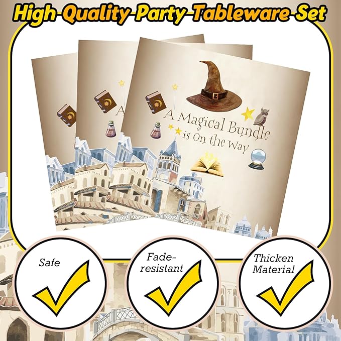 350 Pcs Magical Wizard Party Decorations Supplies A Magical Bundle Is On The Way Tableware Set Disposable Plates Cups Napkins Cutlery for Birthday Shower Wizard Party, Serve 50