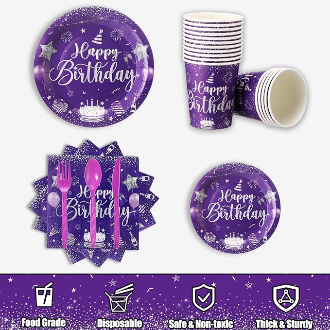 Vesici 171 Pcs Happy Birthday Party Supplies 24 Set Disposable Party Tableware include Plates Cups Napkins Cutlery and Banner Tablecloth Birthday Dinner Decorations for Men Woman(Purple, Silver)