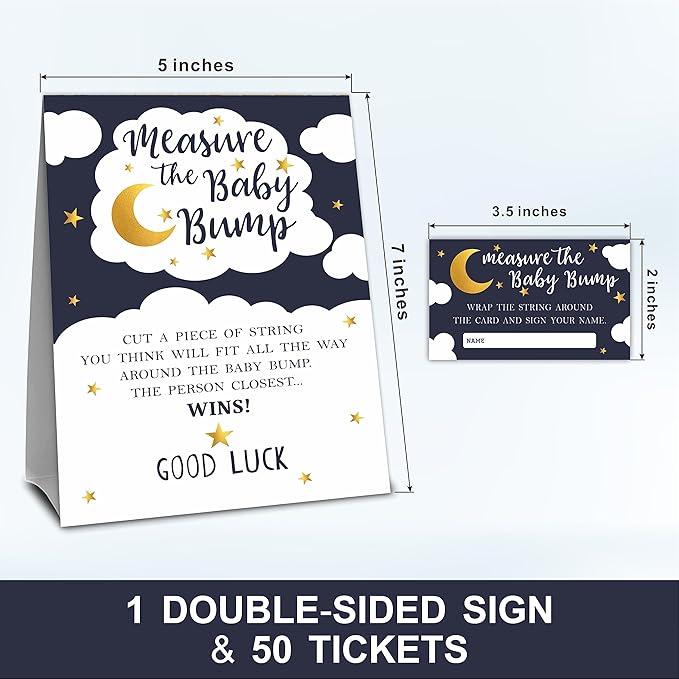 Baby Shower Measure The Baby Bump Game Set - Twinkle Twinkle Little Star - 1 Self-Standing Sign And 50 Tickets - Gender Reveal, Baby Shower, Baby Announcement Activity & Party Favor Supplies - A01
