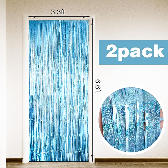 MYUPDALIN 2 Pack Blue Foil Fringe Tinsel Backdrop Party Decorations for Birthday/Mermaid/Ocean/Graduation/Baby Party Decorations