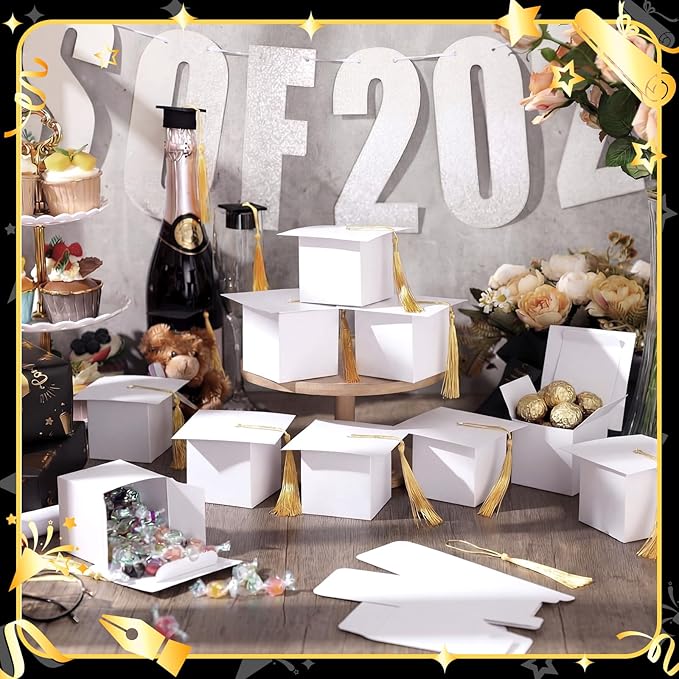 TaoBary 12 Pieces Graduation Candy Box Graduation Decorations Party Gift Boxes Graduate Cap Box Candy Chocolate Cookie Supplies for Ceremony Party(White)