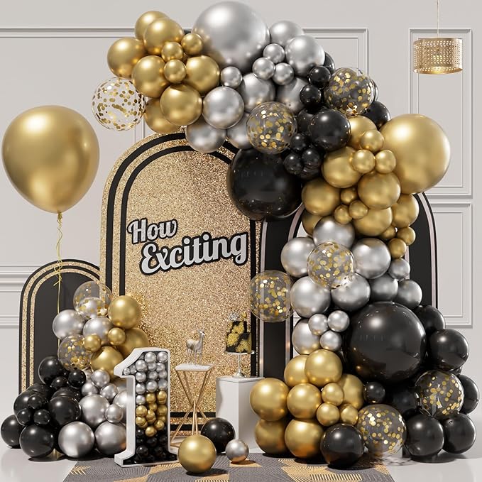 Bonropin 152pcs New Years Balloons Arch Garland Kit, New Years Eve Party Supplies 2025 - Black, Gold, Silver Balloons, Gold Confetti Balloons for Wedding Graduation Birthday Party New Year Decoration