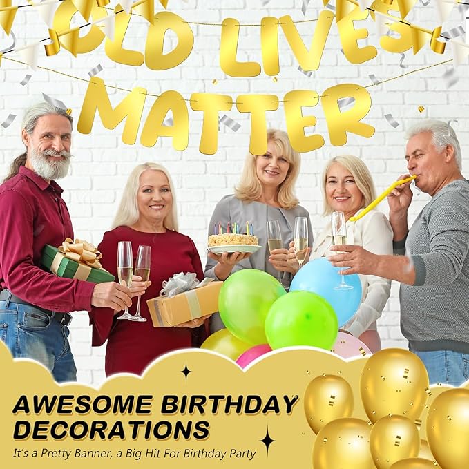 Fulmoon Pre Strung Banner 6.56 ft Funny Birthday Retirement Party Decorations 80th 70th 60th 50th Retirement Party Garland Bunting Decorations for Men Women(Bright Gold)