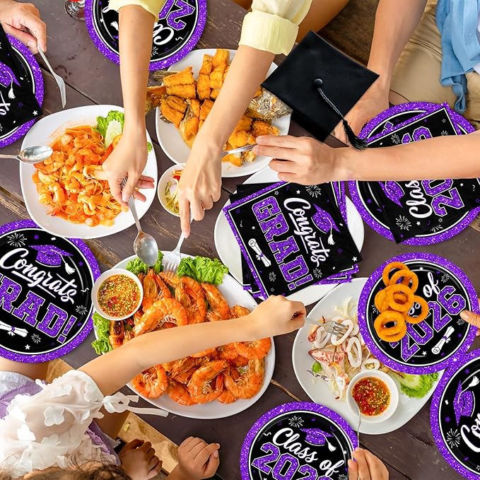 Graduation Decorations 2026 Graduation Party Plates and Napkins Set Black Purple Class of 2026 Graduation Party Supplies for Congrats Grad Party Decor, Serve 50