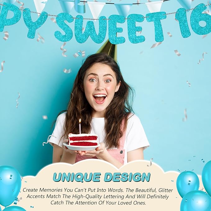 Fulmoon Pre Strung Happy Sweet 16 Banner Glitter Sixteenth Birthday Party Decorations 16th Party Sign Sweet 16 Party Decorations for Birthday Party Bachelorette Party(Sky Blue)