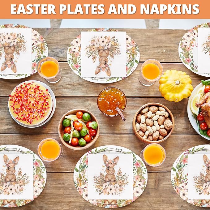 50Pcs Easter Paper Plates and Napkins Set Serve 25 Guests 10" x 12.5" Large Oval Plates and 6.5'' Napkins, Disposable Heavy Duty Easter Tableware Set Plate Bunny Egg Dinnerware Party Supplies