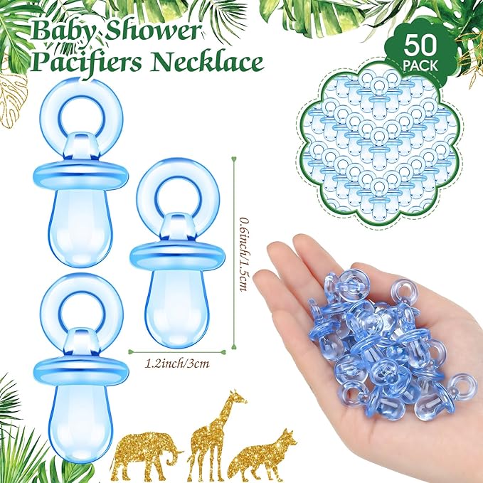 Thyle 51 Pcs Safari Jungle Animals Pacifier Hunt Baby Shower Games Include Hunt Sign and 50 Acrylic Pacifiers for Wild Animals Baby Shower Game Decoration Gift Sets Gender Reveal Party Decor