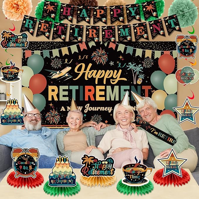 20pcs Retirement Decorations for Men Women Coloful Vintage Happy Retirement Banner Backdrop Hanging Swirls Pompoms Table Honeycomb Centerpieces Retired Sash Farewell Retired Decorations Supplies