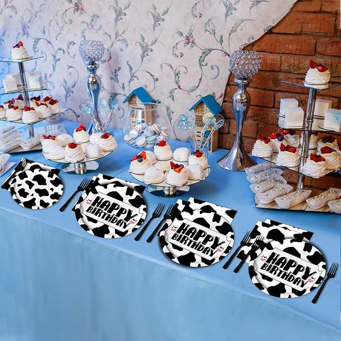 Wiooffen 96 Pcs Cow Print Birthday Party Supplies Farm Animal Cow Print Plates and Napkins Cow Party Tableware Set Cow Themed Party Decoration For 24 Guests