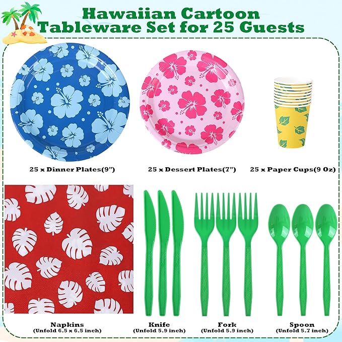 Kochorie 175 Pieces Hawaiian Cartoon Party Supplies Tropical Hawaii Hibiscus Floral Tableware Set 7 Inch & 9 Inch Paper Plates Napkins Cups Cutlery for Birthday Blue Cartoon Party, Serve 25 Guests