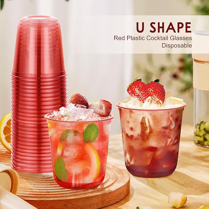 KesaPlan 50 Pcs Red Clear Plastic Cups for Party, 12 oz Disposable Stemless Wine Glasses, Cute Round Bottom Plastic Cocktail Cups for Christmas Valentine's Day Mother's Day Birthday Wedding Party