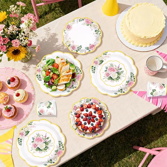 250Pcs Floral Tea Party Supplies Pink Floral Scalloped Plates Napkins Cups Pink Flower Garden Tableware Set for Spring Wedding Bridal Shower Baby Shower Garden Tea Party Decorations Serves 50