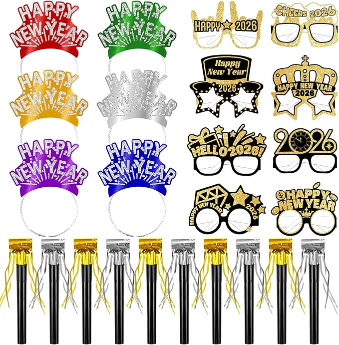 Openfly 24Pcs New Years Eve Party Supplies 2026 Happy New Years Party Headband Hats New Year Glasses New Year Noise Makers