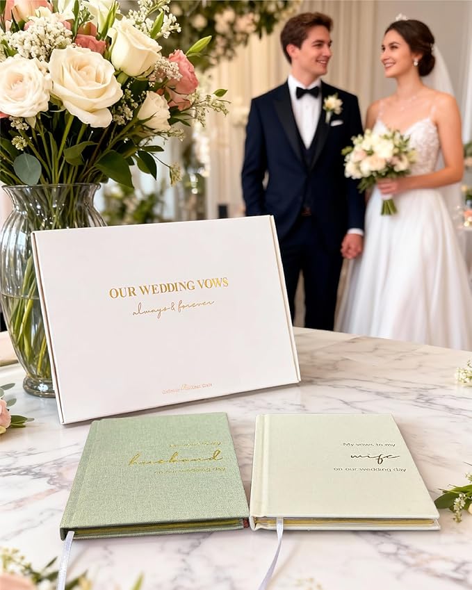 Wedding Vow Books His and Hers-Canvas Linen Foil Embossed, Set of 2 Vow Books Husband and Wife-Wedding Essentials（Sage Green + Milky White）
