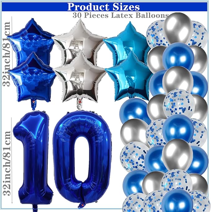 53 Pieces 10th Birthday Decorations Double Digits Party Balloons Happy Birthday Banner Number 10 Balloons Blue Silver Foil Balloons Latex Balloons for 10 Year Old Boy Birthday Party (Blue)