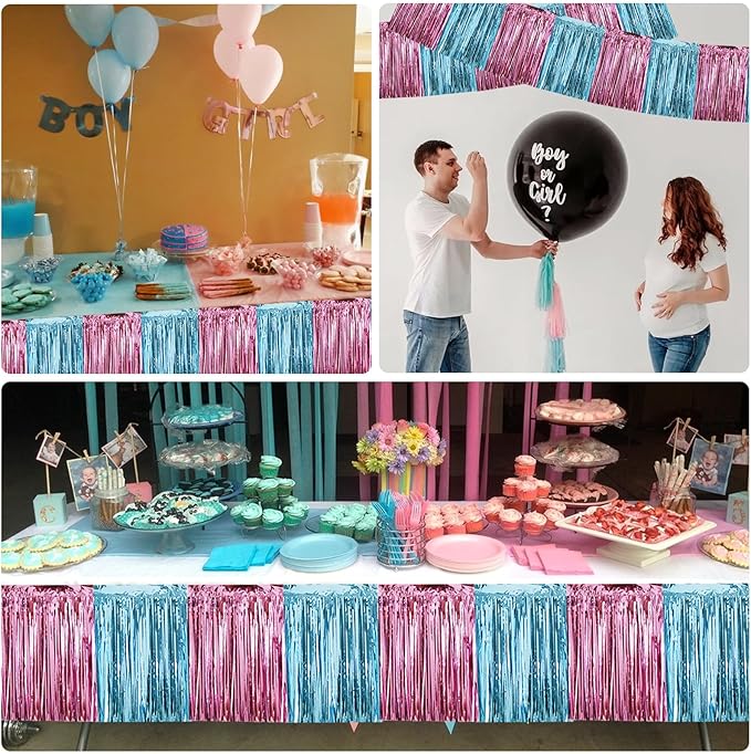 BEISHIDA 3 Packs Metallic Foil Fringe Garland Pink Light Blue Wall Hanging Tinsel Fringe Banners for Car Floats Bridal Shower Wedding Birthday Graduation Holiday Party Decoration(30 Feet)