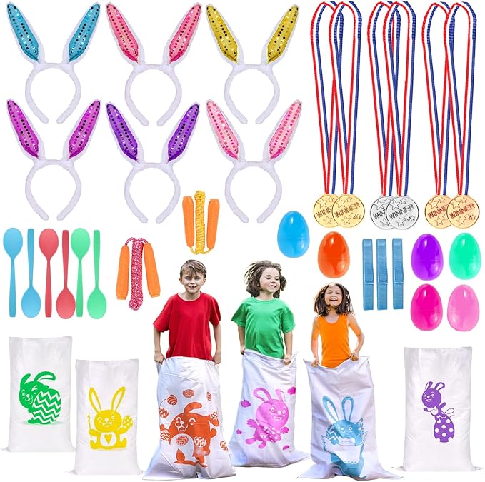 Atonofun 29 Pack Easter Games for Kids Outdoor, Potato Jumping Bags, Bunny Ears Headbands, Egg Spoon Relay Races, Legged Relay Race Bands for Easter Eggs Hunt Party Supplies