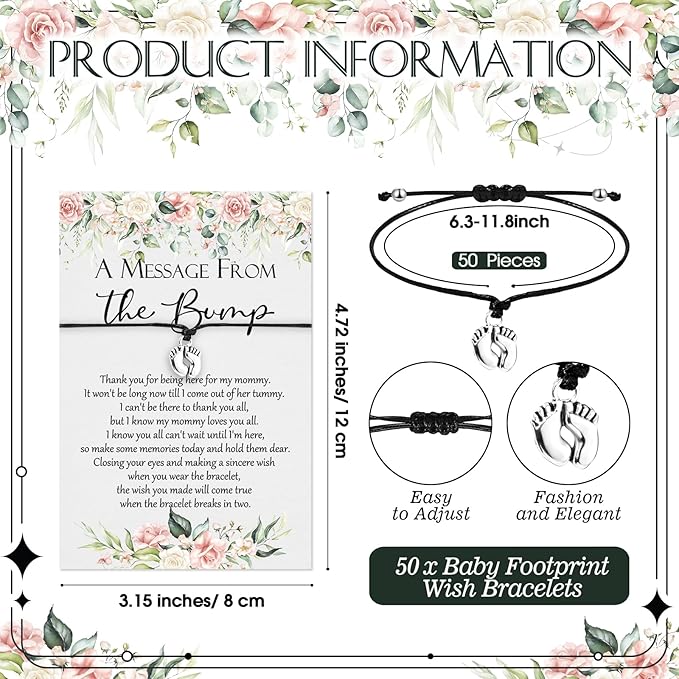 Thyle 50 Set Flower Baby Shower Favors for Guests Adjustable Bracelets with Message from the Bump Card Footprints Charm Baby Shower Bracelets for Gender Reveal Thank You Gifts