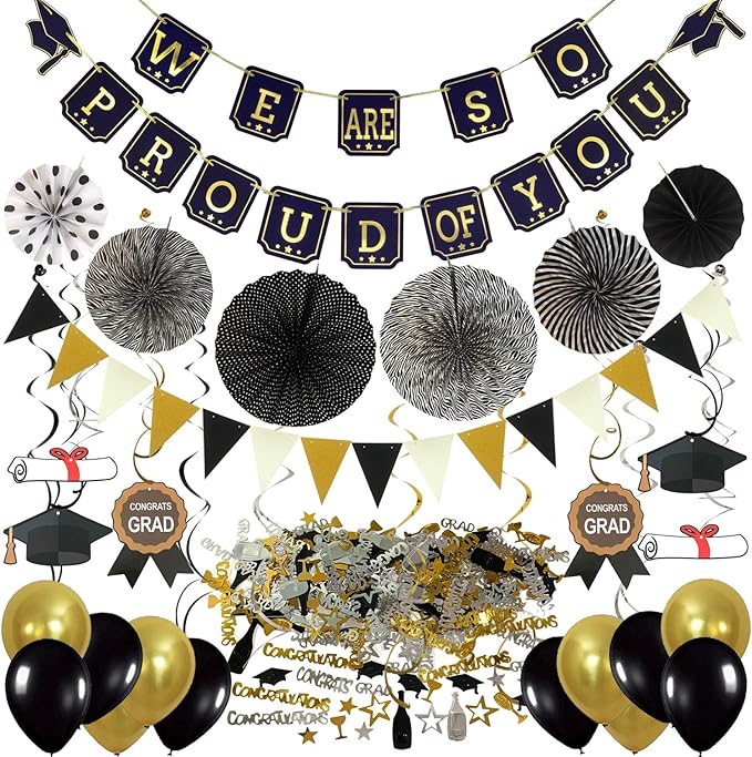 ZERODECO Graduation Decorations, Black and Gold We Are So Proud Of You Banner Paper Pompom Fan Hanging Swirls Graduation Confetti Paper Garland Party Balloons for Grad Party Decoration Supplies