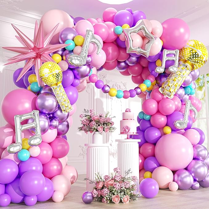 Music Hunter Balloon Arch Kit - 212Pcs Pink, Purple, Hollow Star, Microphone, Music Notes Balloon Garland Kit for Music Prom Fan Gatherings Girls Birthday Singer Kpop Theme Party Decorations