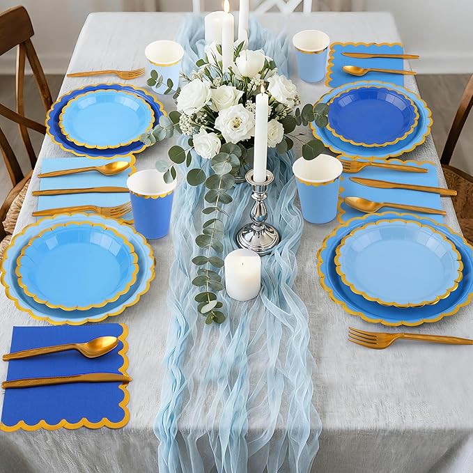 Kochorie 140 PCS Blue Party Supplies for 20 Guests Disposable Dinnerware Set Includes Scalloped Plates Napkins Cup Cutlery Tableware Set for Birthday Party Wedding Baby Shower Picnic