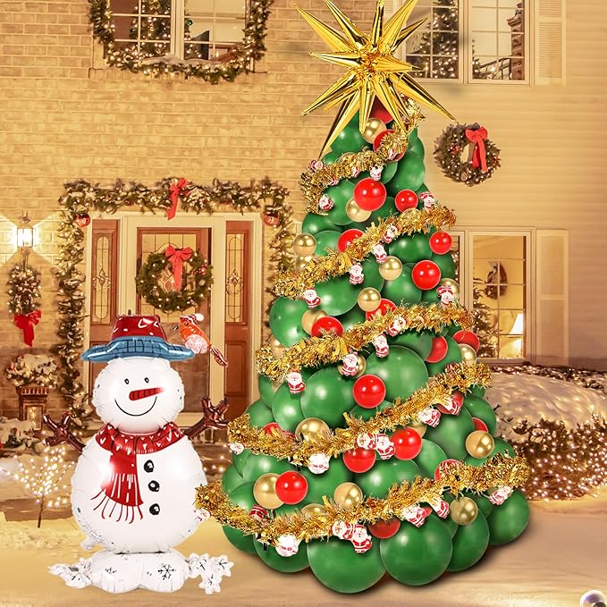 193 PCS Christmas Balloon Garland Arch Kit, Christmas Tree Balloons, Christmas Tree Snowman, Deer, Sled Aluminum Foil Balloons Santa Claus Hanging Decoration for Christmas Party