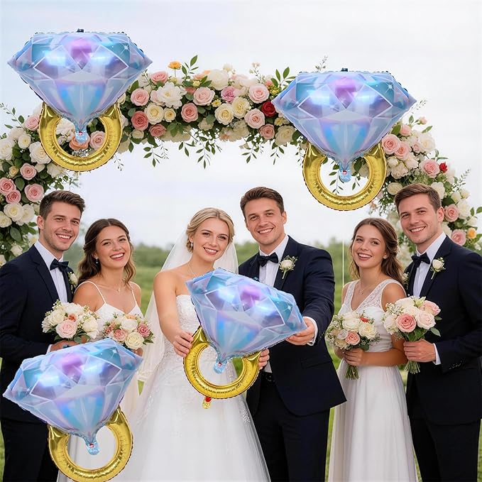 4pcs Engagement Ring Balloons, Foil Mylar Diamond Ring Balloons for Engagement Bachelorette Bridal Shower Wedding Proposal Marriage Anniversary Just Engaged Married She Said Yes Party Decorations