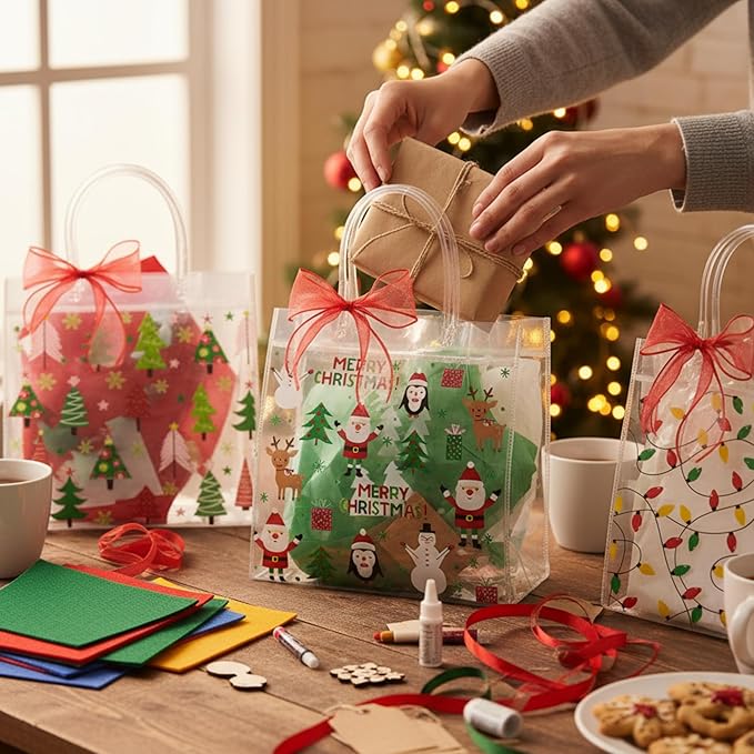 Henoyso 12 Pcs Christmas Clear Gift Bags Plastic Candy Treat Goodie Bags Red Foil Santa PVC Wrap Totes with Handles and Ribbon Xmas Party Favors (Santa and Xmas Tree,7.8 x 7.8 x 3.1 Inch)
