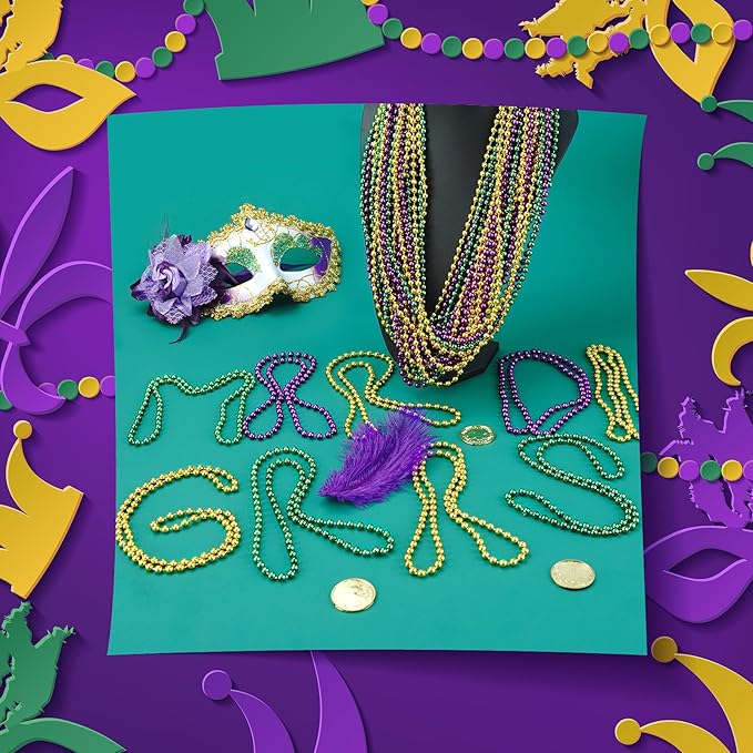 50PCS Mardi Gras Beads Bulk, 33'' Metallic Purple Green Gold Mardi Gras Beads Necklaces Accessories, Carnival Beaded Necklace for Parade Throws Costumes Accessory Party Decorations Supplies Favors