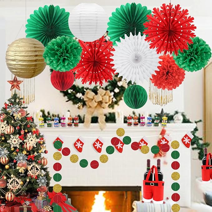 Christmas Decoration White Snowflake Paper Fans Paper Honeycomb Ball Lanterns Red Green Gold Circle Dot Garland for Christmas Party Supplies Xmas New Year Decorations