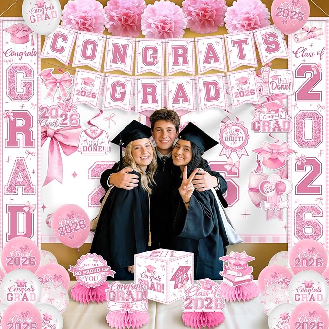 Pink Bow Graduation Decorations 2026 Set, All-in-1 Coquette Kit with Congrats Grad Banner Class of 2026 Backdrop Porch Sign Balloons Centerpieces Card Box Pom Poms Streamers for College High School