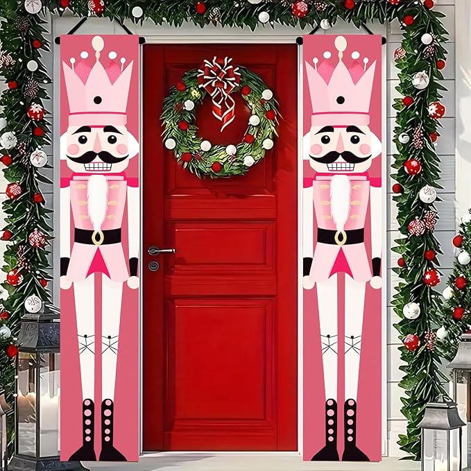 Christmas Nutcracker Door Banner Pink Soldier Porch Sign Holiday Wall Hanging Decoration Outdoor Home Decor Seasonal Entryway Porch Sign Christmas Winter Front Door Display