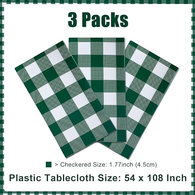 3 Packs Green Plaid Tablecloth 54 x 108 Inch Disposable Checkered Table Cloth Rectangular Waterproof Picnic Table Covers for BBQ Birthday Parties