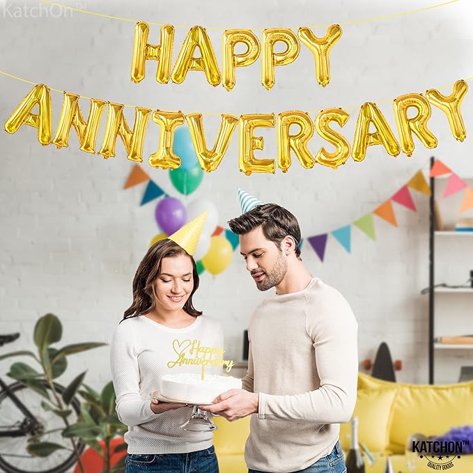 KatchOn, Letters Gold Happy Anniversary Balloons - Big, 16 Inch | Banner, Backdrop & Balloon Banner for Gold Happy Anniversary Decorations | Wedding anniversary Party Decorations | Anniversary Decor