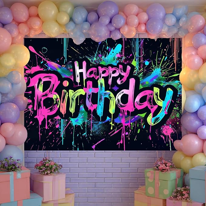 Neon Happy Birthday Banner 96x72 Inch Photography Backdrops Party Background Decorations Colorful Graffiti Splash Paint Kids Birthday Supplies Glow in The Dark