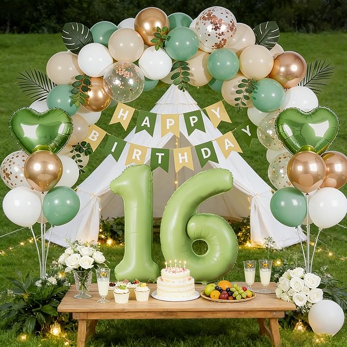 Sage Green Sweet 16 Birthday Decorations for Girls Boys, 16th Birthday Party Supplies with Green Number 16 Balloon, Sand White & Cream Balloon Kit and Fringe Curtains