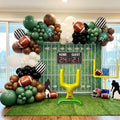 140PCS Football Party Balloon Arch Kit – Game Day Decorations with Football Foil Balloons, Referee Stripe Balloons, #1 Hand Balloons & Field Goal Post, Green Brown Black Balloon Garland